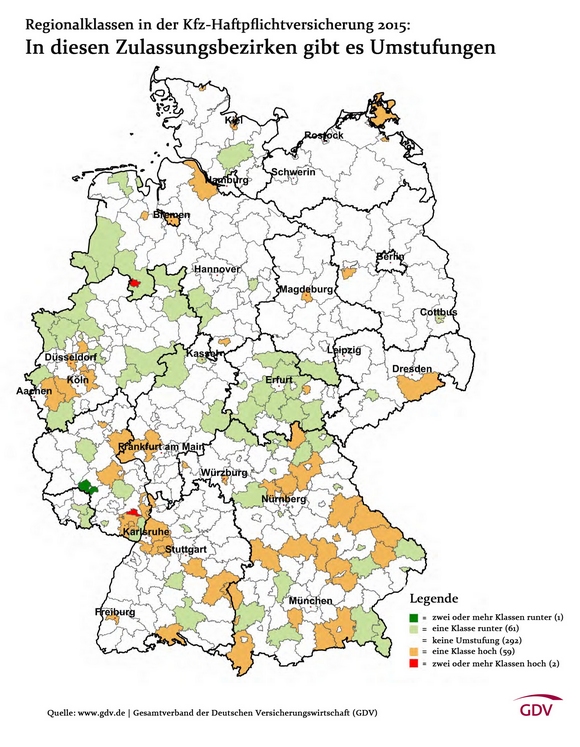 Regionalklassen 2015 Kfz-Haftpflichtversicherung Welche Regionen umgestuft wurden © GDV 